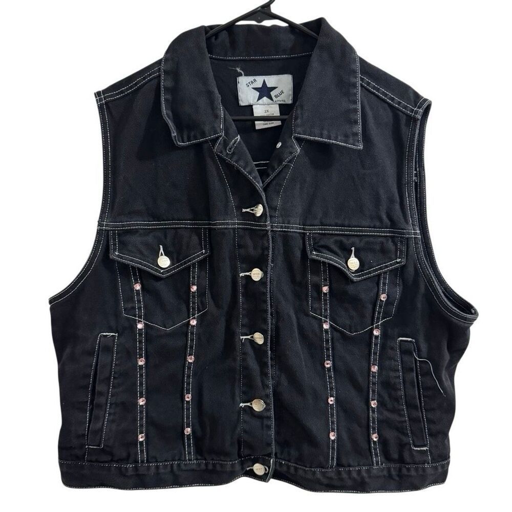 Vintage Y2K Black Pink Rhinestone Studded Vest 2X